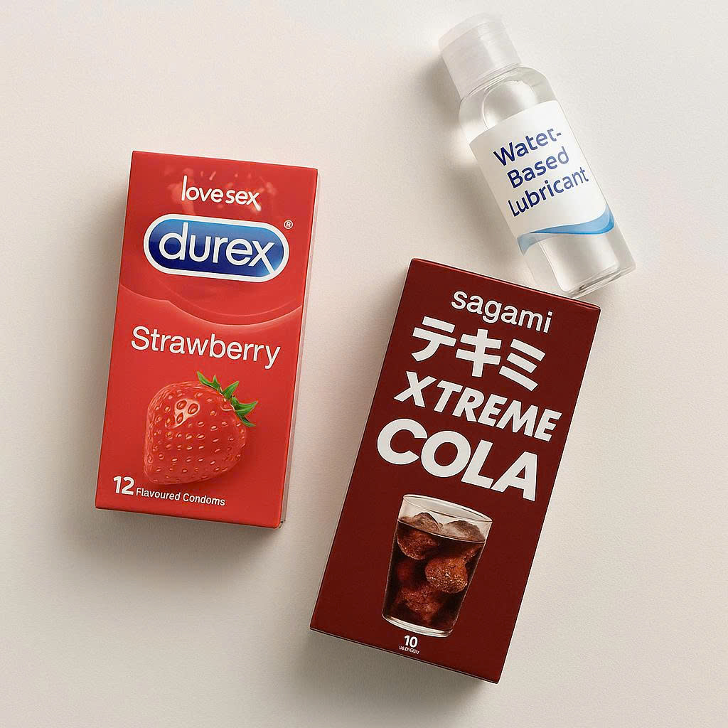 Các loại bao cao su hương thơm và gel bôi trơn gốc nước là những sản phẩm hỗ trợ cho việc quan hệ bằng miệng an toàn và thú vị hơn.
